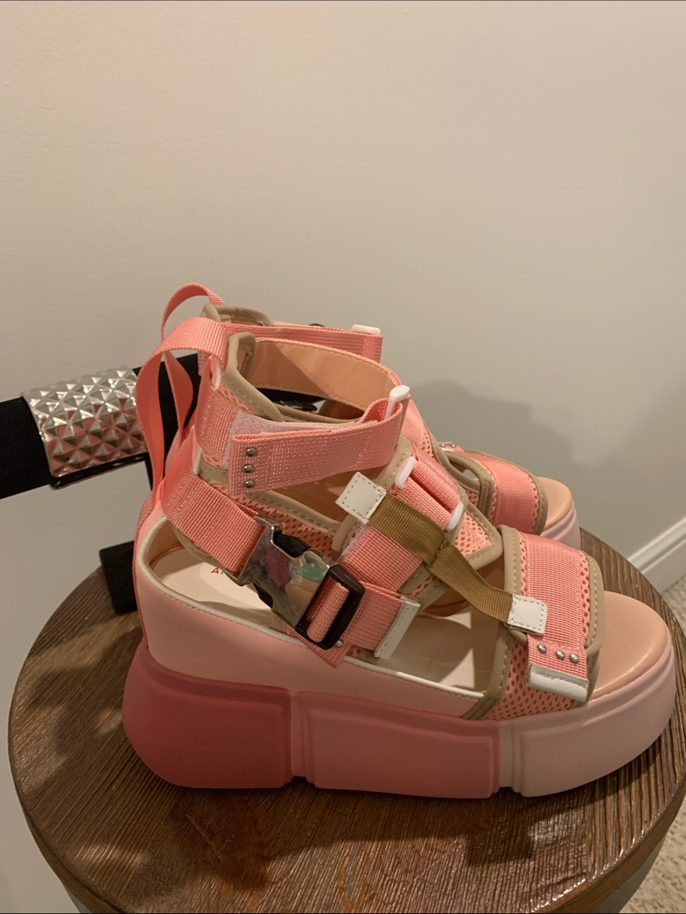 Platform Sport Sandals in Coral Pink with bracelet